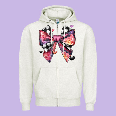 Coquette Bow Floral Checkered Pattern Zipper Hoodie Designed By Jahusdesignshop