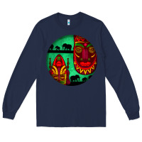 Navy african masks round earrings 3 Long Sleeve Tee - BundleAndBundleShop
