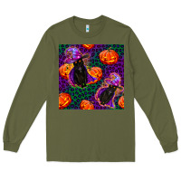 Army Green witchy cat and pumpkins seamless paternal Long Sleeve Tee - BundleAndBundleShop