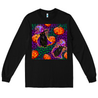 Black witchy cat and pumpkins seamless paternal Long Sleeve Tee - BundleAndBundleShop