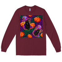 Burgundy witchy cat and pumpkins seamless paternal Long Sleeve Tee - BundleAndBundleShop