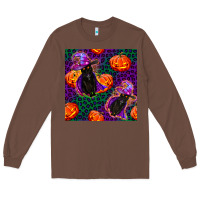 Chestnut witchy cat and pumpkins seamless paternal Long Sleeve Tee - BundleAndBundleShop