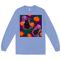 Colony Blue witchy cat and pumpkins seamless paternal Long Sleeve Tee - BundleAndBundleShop