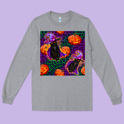 Witchy Cat And Pumpkins Seamless Paternal Long Sleeve Tee Designed By Bundleandbundleshop
