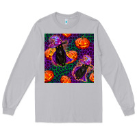 Moon Dust witchy cat and pumpkins seamless paternal Long Sleeve Tee - BundleAndBundleShop