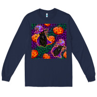 Navy witchy cat and pumpkins seamless paternal Long Sleeve Tee - BundleAndBundleShop