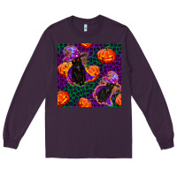 Plum witchy cat and pumpkins seamless paternal Long Sleeve Tee - BundleAndBundleShop