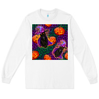 White witchy cat and pumpkins seamless paternal Long Sleeve Tee - BundleAndBundleShop
