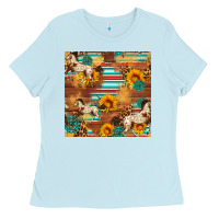Baby Blue Western Horse Sunflowers Gemstone Seamless Pattern Ladies Tee - FaDigitalArtStudio