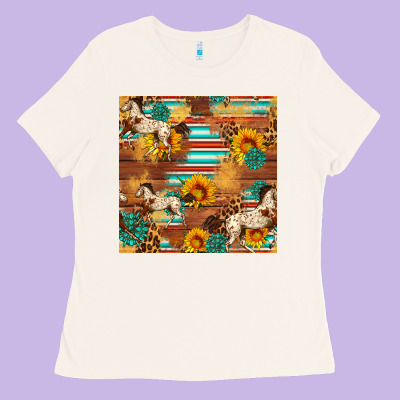 Western Horse Sunflowers Gemstone Seamless Pattern Ladies Tee Designed By Fadigitalartstudio