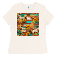 Bone Western Horse Sunflowers Gemstone Seamless Pattern Ladies Tee - FaDigitalArtStudio