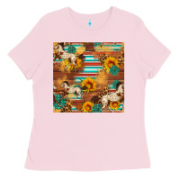 Bubblegum Pink Western Horse Sunflowers Gemstone Seamless Pattern Ladies Tee - FaDigitalArtStudio