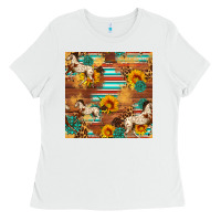 White Western Horse Sunflowers Gemstone Seamless Pattern Ladies Tee - FaDigitalArtStudio
