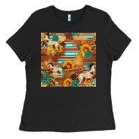 Black Western Horse Sunflowers Gemstone Seamless Pattern Ladies Tee - FaDigitalArtStudio