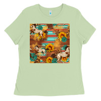 Matcha Western Horse Sunflowers Gemstone Seamless Pattern Ladies Tee - FaDigitalArtStudio