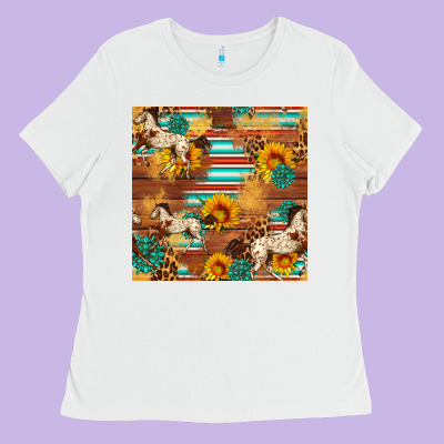 Western Horse Sunflowers Gemstone Seamless Pattern Ladies Tee Designed By Fadigitalartstudio