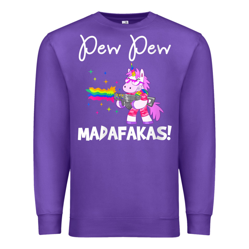 Womens Pew Madafakas Funny Fantasy Unicorn With Rainbow Gun   White V Premium Sweatshirt by linhVisuals | Teevron