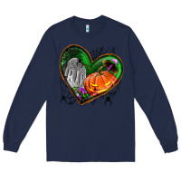 Navy halloween heart with pumpkin Long Sleeve Tee - BundleAndBundleShop