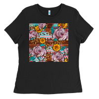 Black Western Landrace Pig With Sunflowers Seamless Ladies Tee - FaDigitalArtStudio