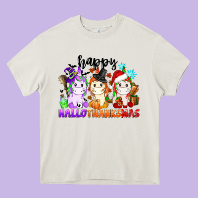 Happy Hallothanksmas Unicorn Heavy Core Tee Designed By Cowgirlartshop