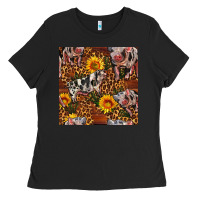 Black Western Spotted Pig With Sunflowers Seamless Ladies Tee - FaDigitalArtStudio