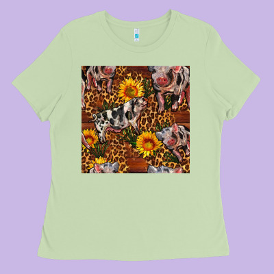 Western Spotted Pig With Sunflowers Seamless Ladies Tee Designed By Fadigitalartstudio