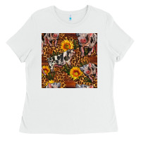 White Western Spotted Pig With Sunflowers Seamless Ladies Tee - FaDigitalArtStudio