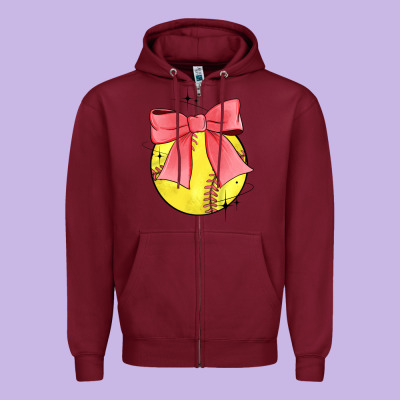 Coquette Softball Bow Zipper Hoodie Designed By Jahusdesignshop
