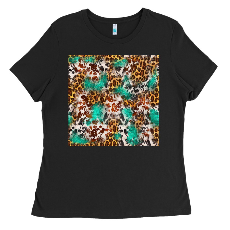 Western Turquoise Glitter Cowhide Leopard Seamless Ladies Tee by FaDigitalArtStudio | Teevron