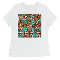White Western Turquoise Glitter Cowhide Leopard Seamless Ladies Tee - FaDigitalArtStudio