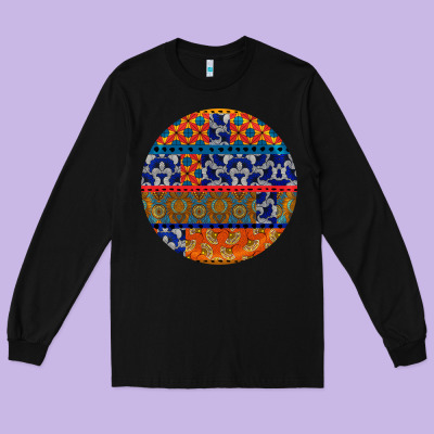African Fabric Pattern Round Earrings Long Sleeve Tee Designed By Bundleandbundleshop