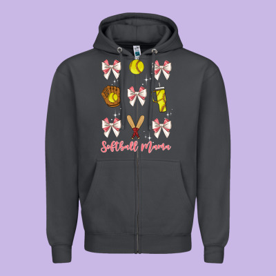Softball Coquette Bow Zipper Hoodie Designed By Jahusdesignshop