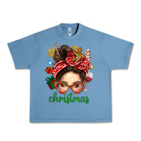 Pebble Blue Christmas Messy Bun With Gingerbread Man Urban Heavy Tee - BundleAndBundleShop
