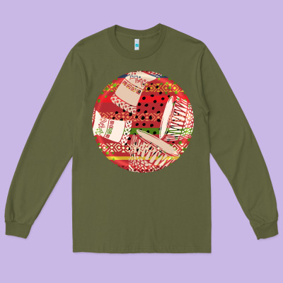 African Fabric Pattern Round Earrings 2 Long Sleeve Tee Designed By Bundleandbundleshop