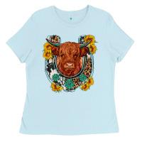 Baby Blue western leopard cowhide cow horseshoe Ladies Tee - OliviaCreatesArt
