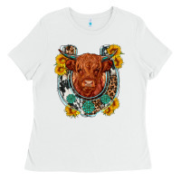 White western leopard cowhide cow horseshoe Ladies Tee - OliviaCreatesArt