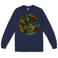 Navy african fabric pattern round earrings 3 Long Sleeve Tee - BundleAndBundleShop