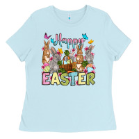 Baby Blue Happy Easter bunnys Ladies Tee - OliviaCreatesArt