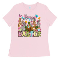 Bubblegum Pink Happy Easter bunnys Ladies Tee - OliviaCreatesArt
