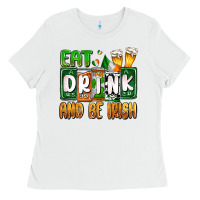 White St. Patrick's Eat drink and be Irish Ladies Tee - OliviaCreatesArt