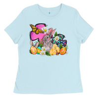 Baby Blue Easter rabbits and cross Ladies Tee - OliviaCreatesArt