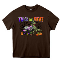 Chocolate Brown trick or treat with monster truck and t rex Heavy Core Tee - CowGirlArtShop