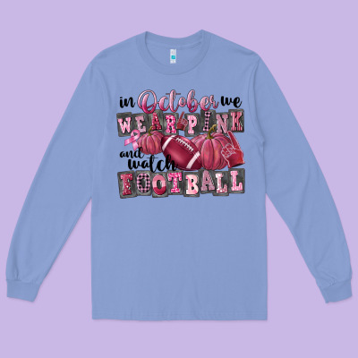 In October We Wear Pink And Watch Football Long Sleeve Tee Designed By Fadigitalartstudio