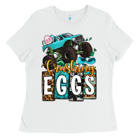White Easter Day Monster truck crushing eggs Ladies Tee - OliviaCreatesArt