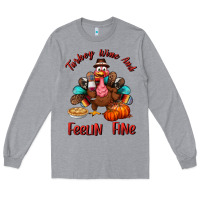 Heather Grey turkey wine and feelin fine Long Sleeve Tee - BundleAndBundleShop