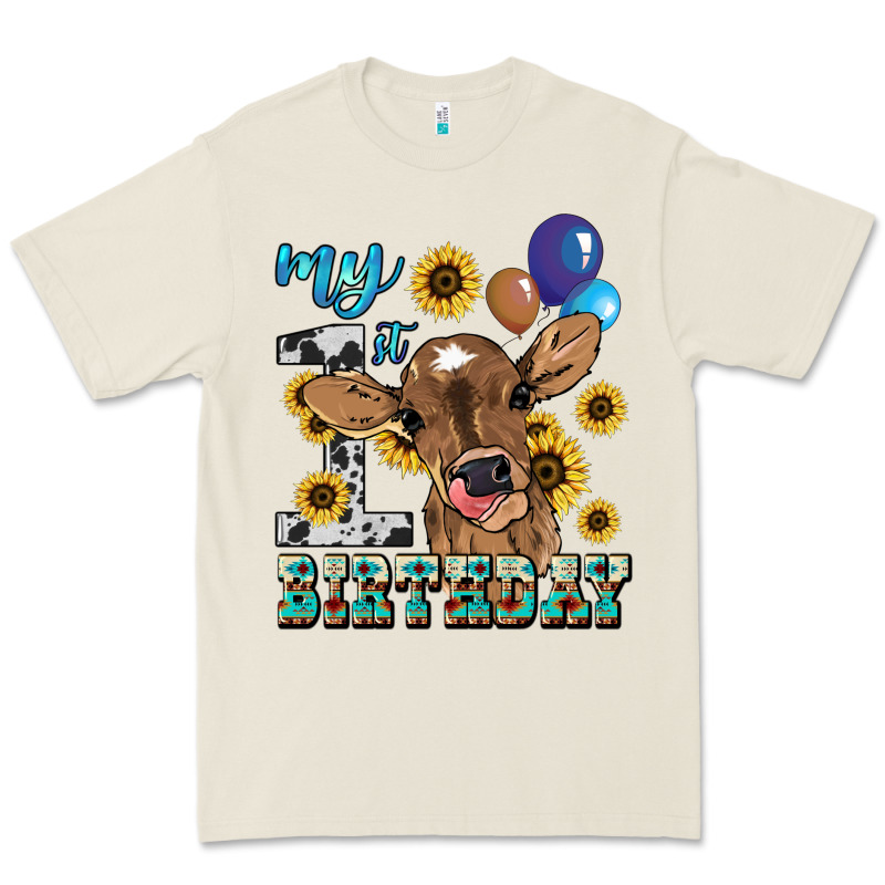 My First Birthday Baby Cow Sunflower Premium Tee by HowdyJamesFarm | Teevron