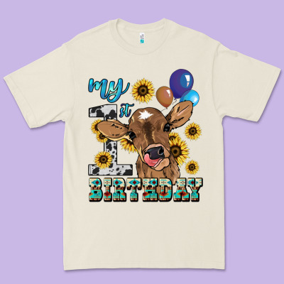 My First Birthday Baby Cow Sunflower Premium Tee Designed By Howdyjamesfarm
