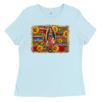 Baby Blue Our Lady Of Guadalupe Glitter Leopard Flowers Ladies Tee - FaDigitalArtStudio