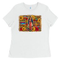 White Our Lady Of Guadalupe Glitter Leopard Flowers Ladies Tee - FaDigitalArtStudio