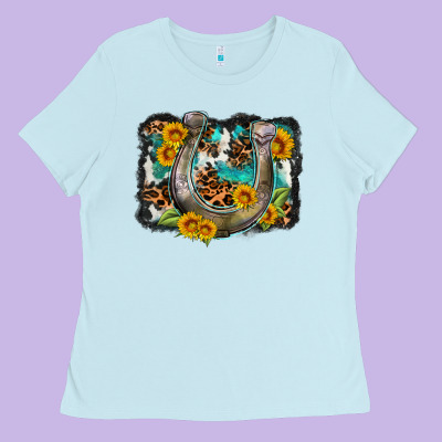 Western Leopard Cowhide Turquoise Background Horse Ladies Tee Designed By Oliviacreatesart